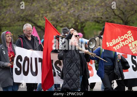 Glasgow, Scotland, UK. 29th Apr, 2023. Members of the PCS Union lead the Glasgow Trades Union Council May Day march from George Square for a rally in Queen's Park. Credit: Richard Gass/Alamy Live News Stock Photo