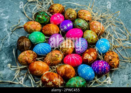 Easter Eggs Naturally Dyed with Onion Skins and other natural colorants Stock Photo