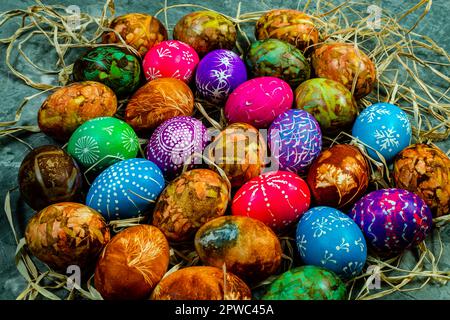 Easter Eggs Naturally Dyed with Onion Skins and other natural colorants Stock Photo