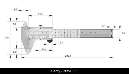 The Vernier caliper with dimensions. Measuring tool and equipment. Editable Vector Illustration isolated on white background. Stock Vector