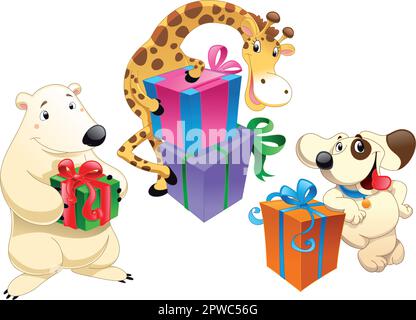 Animals and gifts, cartoon and vector characters for christmas, party and birthday Stock Vector