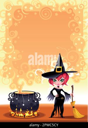 Funny witch with pot. Cartoon and vector illustration.  Proportions in A3 - A4 - 50x70 Stock Vector