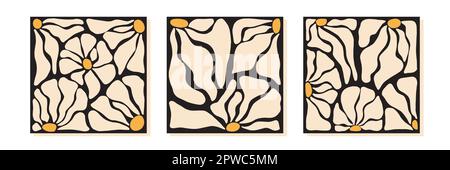 Hand drawn organic cut out flowers in modern style abstract square posters. Wall posters by henri matisse style Stock Vector