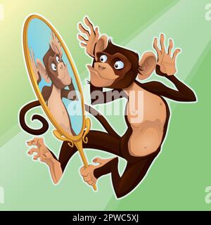 Funny monkey reflecting himself in a mirror. Cartoon vector illustration Stock Vector