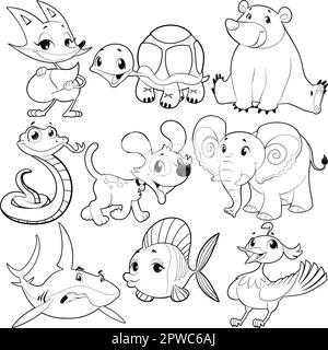 Set of animals in black and white. Cartoon and vector isolated characters. Stock Vector