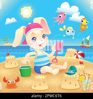 Young rabbit makes castles on the beach. Funny cartoon and vector illustration Stock Vector