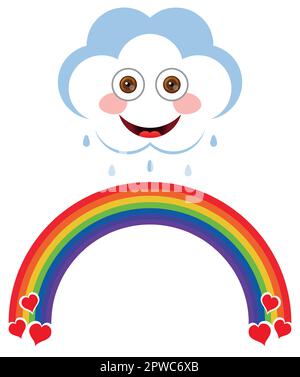 Smiling cloud dropping raindropsover rainbow with hearts Stock Vector