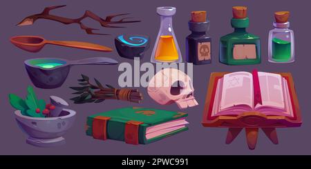 Magic potions, spell books, herbs icons for game or halloween decor. Witch or wizard alchemy laboratory stuff with bottles with poisons, skull, mystic books, vector cartoon set Stock Vector