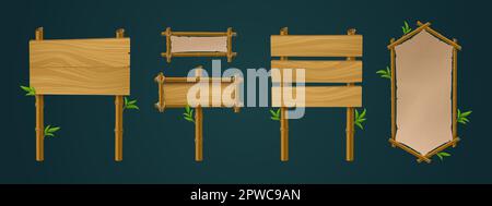 Realistic set of bamboo wood and paper boards isolated on black background. Vector illustration of square and rectangular signboard templates with blank surface for game ui design. Parchment menu Stock Vector