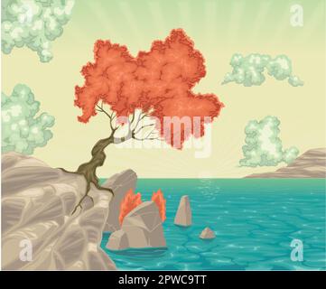 Romantic landscape. Vector colored illustration, with tree and sea. Isolated objects. Stock Vector
