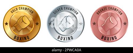 Boxing medal championship glove gold silver bronze shiny set reward Stock Vector