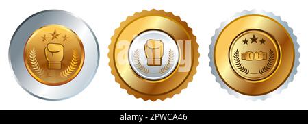 Boxing medal winner emblem gold silver fighter tournament medallion shiny metal glove punch symbol Stock Vector