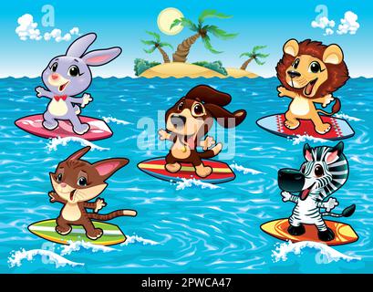 Sea animals surfing cartoon character illustration Stock Vector Image ...