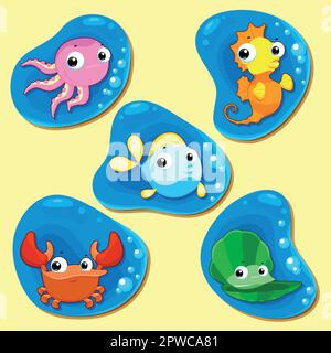 Happy sea family. Funny cartoon and vector illustration Stock Vector