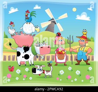 Funny farm family. Cartoon and vector illustration.  Eps file contains isolated objects and characters. Stock Vector