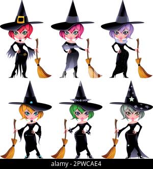 Set of funny witches. Cartoon and vector isolated characters. Stock Vector