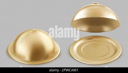 Realistic set of open and closed golden cloche food trays isolated on transparent background. Vector illustration of round 3D platter with bell lid. R Stock Vector