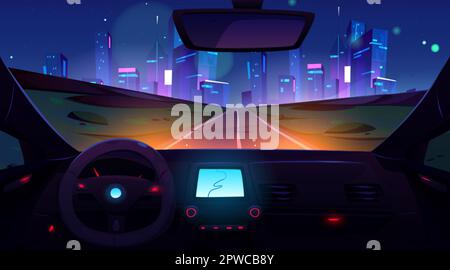 Car drive night road to city cartoon illustration. Cockpit inside view interior with dashboard vector. Street neon light in futuristic downtown archit Stock Vector