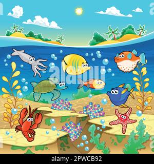 Family of funny fish in the sea. Vector and cartoon illustration. Stock Vector