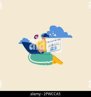 Programming Illustration. Different characters working on web and application development on computers. Funky character software developers concept. Stock Vector