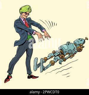 Artificial intelligence management. The impact of scammers on the Internet and technology. A man in glasses, a turban and a suit affects the robot Stock Vector