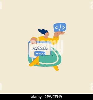 Programming Illustration. Different characters working on web and application development on computers. Funky character software developers concept. Stock Vector