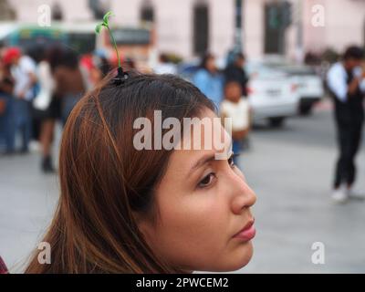 A woman with a small flower on her head when followers of Korean Pop culture (K-pop) dance choreographies of their favorite groups in the streets of Lima downtown,  as part of an spontaneous flash mob on International Dance Day. International Dance Day is celebrated worldwide every April 29. Stock Photo