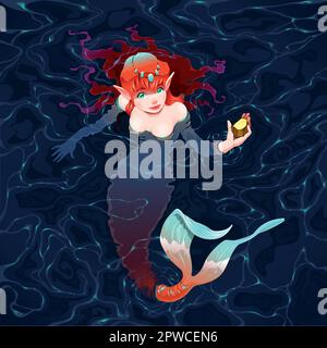 Mermaid in the water with a piece of gold. Vector illustration Stock Vector
