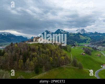 Europe, Switzerland, Freiburg, gruyere cheese, Les Grands-Chemins, church,  Église Saint Théodule, architecture, trees, buildings, historically, scener  Stock Photo - Alamy