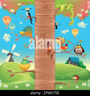 Funny animals on branches. Cartoon and vector scene, isolated objects. Stock Vector