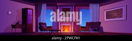 Night vintage living room with burning fireplace cartoon illustration. Dark luxury interior with armchair and sofa in hotel apartment. Front view game Stock Vector