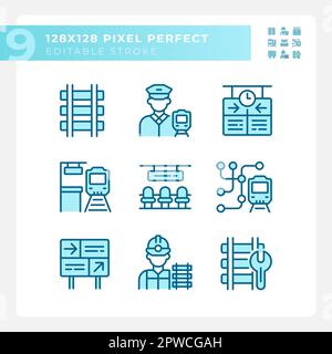 Railroad industry pixel perfect blue RGB color icons set Stock Vector