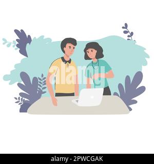 Elderly couple looking at laptop computer with smile in living room Vector illustration Stock Vector