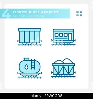 Rail wagon pixel perfect blue RGB color icons set Stock Vector