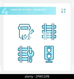 Railroad maintenance pixel perfect blue RGB color icons set Stock Vector