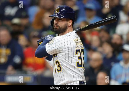 MILWAUKEE, WI - APRIL 22: Milwaukee Brewers designated hitter Jesse Winker  (33) is hit by a pitch during a game between the Milwaukee Brewers and the  Boston Red Sox on April 22