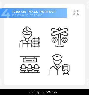 Railroad infrastructure pixel perfect linear icons set Stock Vector