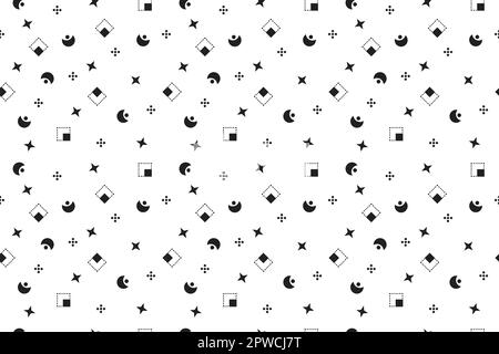 Seamless Memphis Background. Abstract Colorful shapes with Lines and Geometric Figures on white for Fabric, Cloth, Textile. Modern Seamless Multicolor Background in Memphis Style. Vector illustration Stock Vector