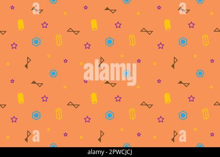 Tiny geometric pattern in Memphis style. Small vector texture with dots, circles, triangles, short strokes, in orange color. 90s fashion seamless background. Vector illustration Stock Vector