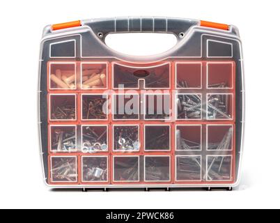 Red tool box with square compartments with screws and dowels Stock Photo