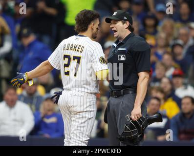 St. Petersburg, United States. 27th Aug, 2023. New York Yankees catcher Kyle  Higashioka (L) listens as home plate umpire Adam Beck (R) restrains Tampa  Bay Rays' Randy Arozarena after he was hit