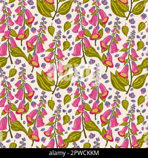 Pink foxglove flowers repeated pattern. Colourful seamless background. Stock Vector