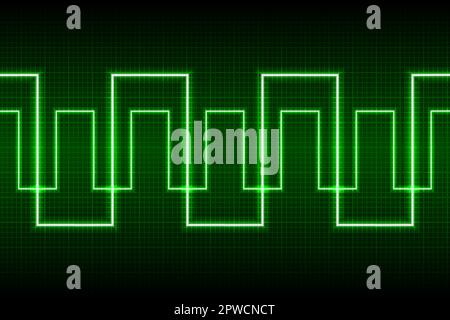 Abstract neon green broken line pattern on dark oscilloscope digital screen. Electric ac waves oscillating. Digital equalizer. Scientific experiment. Stock Vector