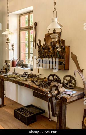 Historic, workshop with workbench and old tools. Water mill Wilhelm ...