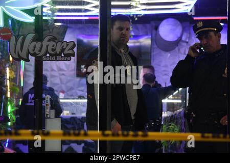 Manhattan, New York City, USA. 29th Apr, 2023. (NEW) Shooting In Manhattan, New York, United States. April 29, 2023, New York, USA: At 5.43pm, one person was shot in the hip and shoulder near the area of 9th Avenue and West 46th Street. According to the New York City Police Department, the person shot is in stable condition. No suspects are captured at this time. (Credit Image: © Kyle Mazza/TheNEWS2 via ZUMA Press Wire) EDITORIAL USAGE ONLY! Not for Commercial USAGE! Stock Photo