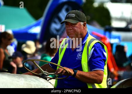 Auckland, New Zealand - Mar 2023. An elderly farmer riding an antique rusty tractor Stock Photo