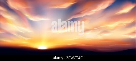 Realistic sunset sky with clouds. Vector illustration of sun going down on horizon, beautiful heavenly orange and pink cloudscape, golden hour. Magic sunlight above ground. End of day, aging symbol Stock Vector