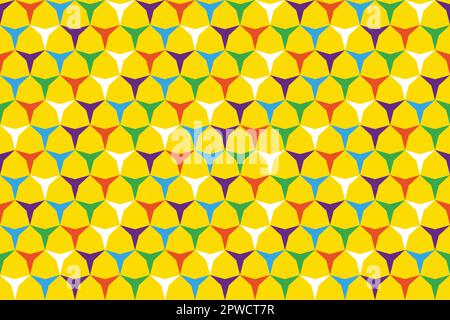 Poly art kaleidoscopic hypnotic background of yellow, green, and orange. Abstract parallel rows of circles becoming rotating oval shapes with psyhedelic effect. Vector illustration Stock Vector
