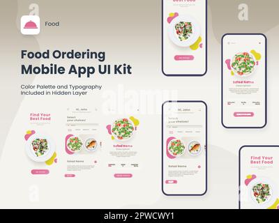 Food Ordering Mobile App UI Kit with Multiple Screens For Restaurant or Hotel. Stock Vector