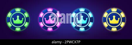 Neon poker game chips with crown light vector. Isolated 3d led chips icon in green, pink, blue and yellow set for Vegas online app. Vip gambling currency token wealth for blackjack digital design Stock Vector